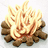 Pixelated campfire with glowing orange and yellow flames atop brown logs on a white background.