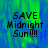 Pixelated text 'SAVE Midnight Sun!!!' on a blue-green gradient background with a gray rectangular overlay on the right side.