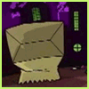 Animated sequence of a green alien character transforming from a wrapped shape into its full form against a purple building background.