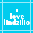 Two side-by-side blue square with white lines, each displaying "i love lindzilio" in pixelated text
