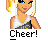 Pixel art cheerleader icon with text elements on gray background, featuring a blonde character in a white and black outfit with yellow accents.