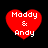 Four red heart-shaped icons with white text 'Maddy & Andy' on a black background, arranged in a