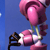 Pixelated pink flower with dark purple accents on blue background, featuring visible stem and partial black object on left.