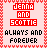 Pixelated text-based icon with 'JENNA AND SCOTTIE' and 'ALWAYS AND FOREVER' in red, black, and pink on a light background.