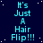 A static digital image with repeated text 'It's Just A Hair Flip!!!' in cyan on a dark blue background with white speckles.