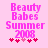 Pixelated pink text 'Beauty Babes Summer 2008' on light pink background with five pink hearts below, two versions differ in heart arrangement.