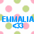 Pixelated image with blue text 'EMMALIA' and a stylized 'GG' symbol over pink and green circular background elements.