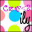 Pixelated icon with blue circle, pink and green shapes, purple text, and black script-like text on white background.