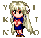 Pixel art character with long blonde hair and blue dress holding red heart, standing against gray background with repeating letters.