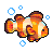 Pixelated fish with orange, white, and brown coloring swims against a gray background with four blue bubble outlines.