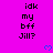 Pixelated text and blue hearts on a bright pink background with a gray rectangle at the bottom right.