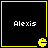Four identical black square with yellow borders each display "Alexis" text and a Pac-Man icon at bottom-right corner