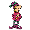 Animated elf character in pink outfit with green accents, performing sequential actions from standing to holding a candy cane and bell.