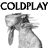 A 4x4 contact sheet of a Coldplay animated icon showing progressive text and image degradation across frames, with the band name "COLDPLAY" rendered in bold black letters on white background transitioning from full clarity to pixelated blur.