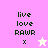 Pixelated text 'live love RAWR' with 'x' and star symbols on pink and cream backgrounds, animated star changes color.