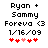 Pixelated text and heart symbols on white background with two animation states differing in heart color sequence.