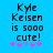 Pixelated text on bright blue background reads 'Kyle Keisen is sooo cute!' with five pink and purple asterisks below.