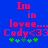Blue background with red text reading "Im in lovee... Cody<33" and green plus signs below, showing two animation frames with slight text and symbol shifts.