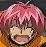 Pixelated image of a character with pink hair and closed eyes, wearing a light-colored top with a green stripe, against a gradient background.