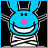 Blue cartoon character with pink nose and white teeth, wearing striped bow tie on black background.