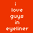 Red background with white text reading "i love guys in eyeliner" arranged across multiple , each showing different dark brown rectangular overlays on the red background
