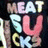 A colorful pixelated text-based icon with 'MEAT SUCKS' in layered letters over a dark background, featuring multiple color variations of each letter.