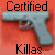 Static pixelated icon featuring a light blue handgun centered on an orange background with black text reading "Certified" above and "Killas" below the weapon.