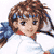 Pixelated character with brown hair and blue streaks wears white top with red accents, blue shoulder details, and brown arm segments against white background.
