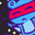 Pixelated blue and red character with large eyes, white mouth, and dark background featuring small light dots.