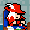 Pixel art character sprites in a , showing multiple poses and expressions with red, blue, yellow, and white colors