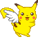 Pixelated yellow Pokémon with brown-tipped ears and tail, pink cheeks, white wings, and a smiling expression in four distinct poses against gray background.