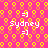 Pixelated pink background with yellow circular patterns and white text reading "Sydney" paired with a smiley face symbol in four repeated arrangements.