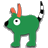 Pixelated green cartoon animal with orange ears, single large eye, black nose, and striped tail standing against gray background.