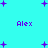 Cyan background with purple pixelated text 'Alex' and scattered plus signs in various sizes.