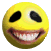 Three yellow spherical faces with wide grins and distinct eye colors arranged above red text spelling 'chat' on a gray background.