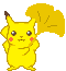 Pixelated yellow cartoon character with brown-tipped ears, red cheek circles, and a large yellow flag-like prop held in one hand against a gray background.