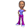 Animated sequence of a cartoon woman in purple pants and blue shirt with changing hand positions, text 'Call' or 'Call Me' on gray background.