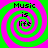 Four identical spiral patterns with alternating green and pink rings, each containing the text "Music is life" in black pixelated font.