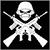 Pixelated white skull and crossbones on black background, rendered in 8-bit style with visible dithering and blocky edges.