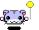 Pixelated hamster character with purple fur, pink ears, and white muzzle holds yellow balloon that changes shape across frames.