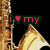 A pixelated image of a saxophone with text overlays: 'i ❤️ my' in green, 'saxophone' in pink, and 'sheldon' in pink.