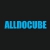Pixelated blue text 'ALLODCUBE' on dark background with subtle gradient and shadow effects.