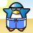 Pixelated penguin with blue star-shaped body, white belly, yellow beak, orange feet, and dark sunglasses stands against beach background.
