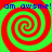 Four identical red-green spiral patterns arranged in a with blue text reading "am awsme!" repeated above and below the on a green background