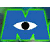 Blue 'M' with green outline and single eye in center, blue furry monster with horns, girl with pigtails, green one-eyed monster waving.