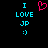 Pixelated cyan text "I LOVE JP :)" on black background with a pink heart symbol above the text.