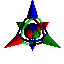 Animated 3D geometric composition with rotating red, green, and blue shapes on a gray background.