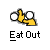 Animated contact sheet of a yellow stick figure icon with white circular eyes performing sequential hand gestures above the text "Eat Out" on gray background.