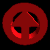 Red circular 3D object with arrow cutouts rotates through multiple angles against black background.
