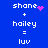 Blue background with white text 'shane + hailey = luv' repeated twice, each pair showing different pink pixel animations above the names.